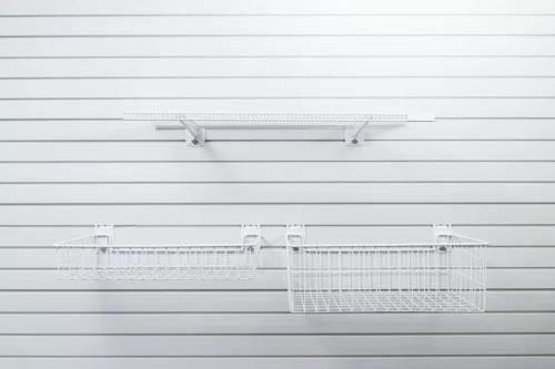 white flexipanel slatwall with different storage shelving